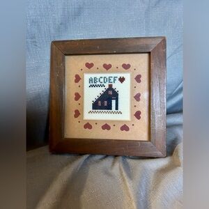 Framed Piece of Vintage Needlework Schoolhouse ABCs Cross Stitch 1980s